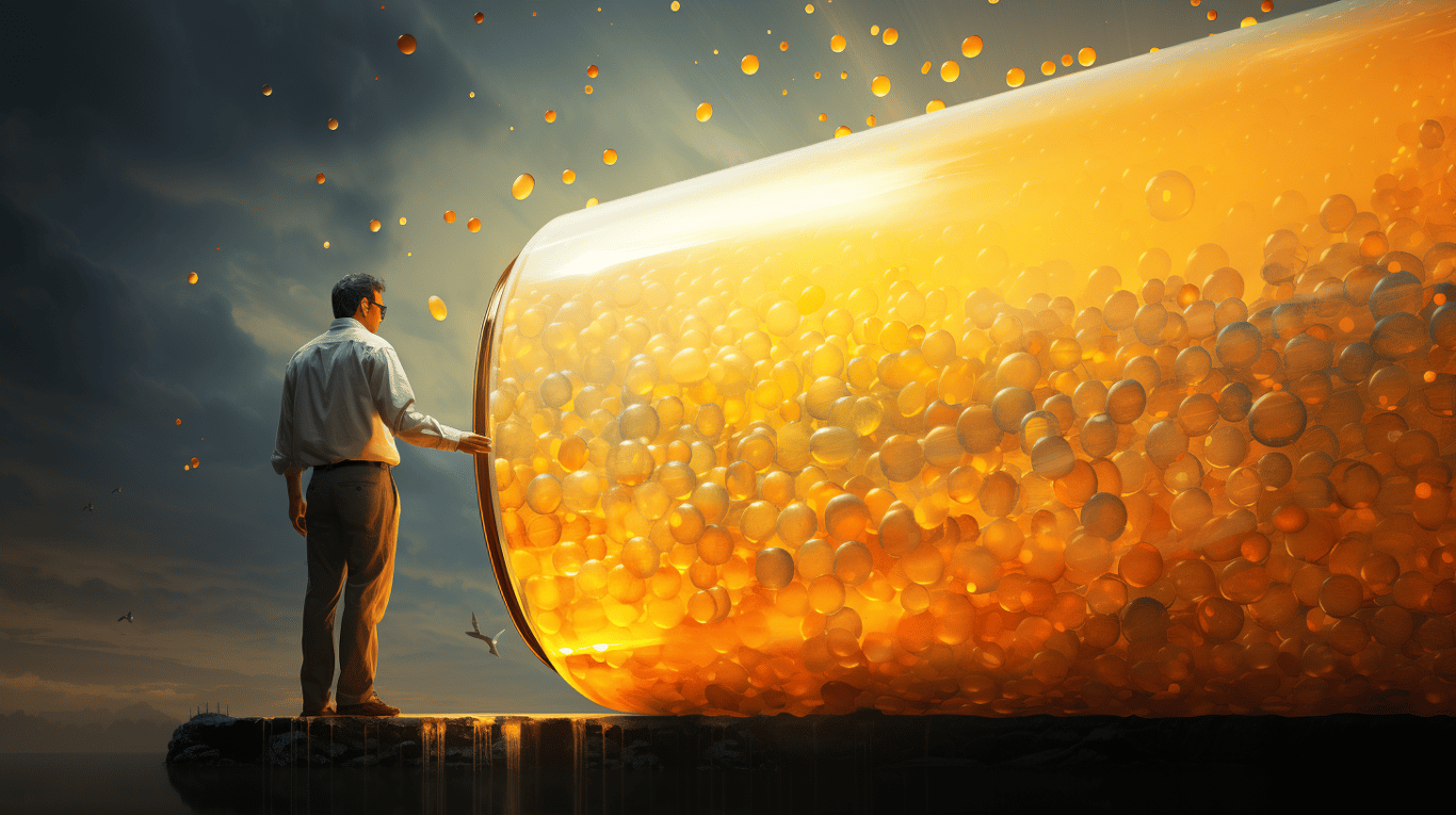 abstract image of a researcher studying a bottle of drug.