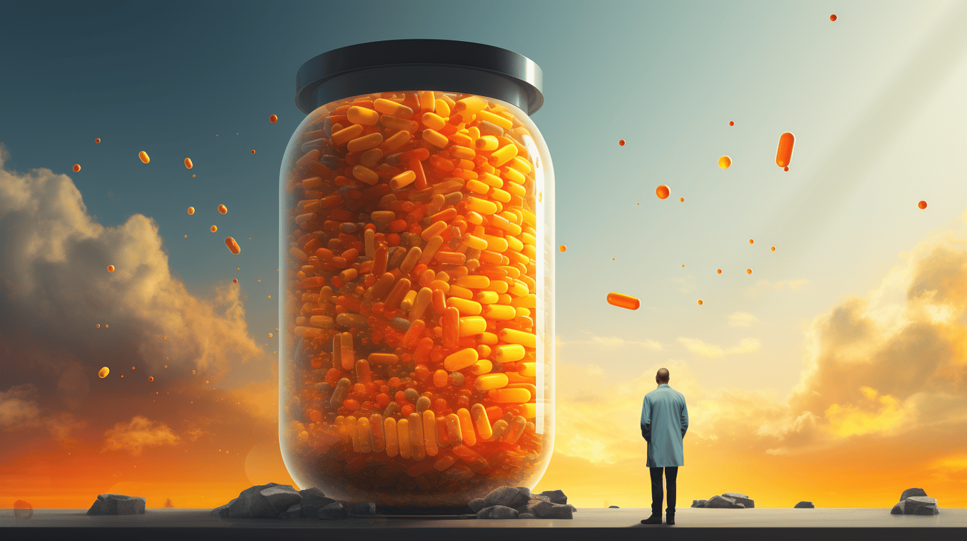 abstract image of a researcher studying a bottle of drug.