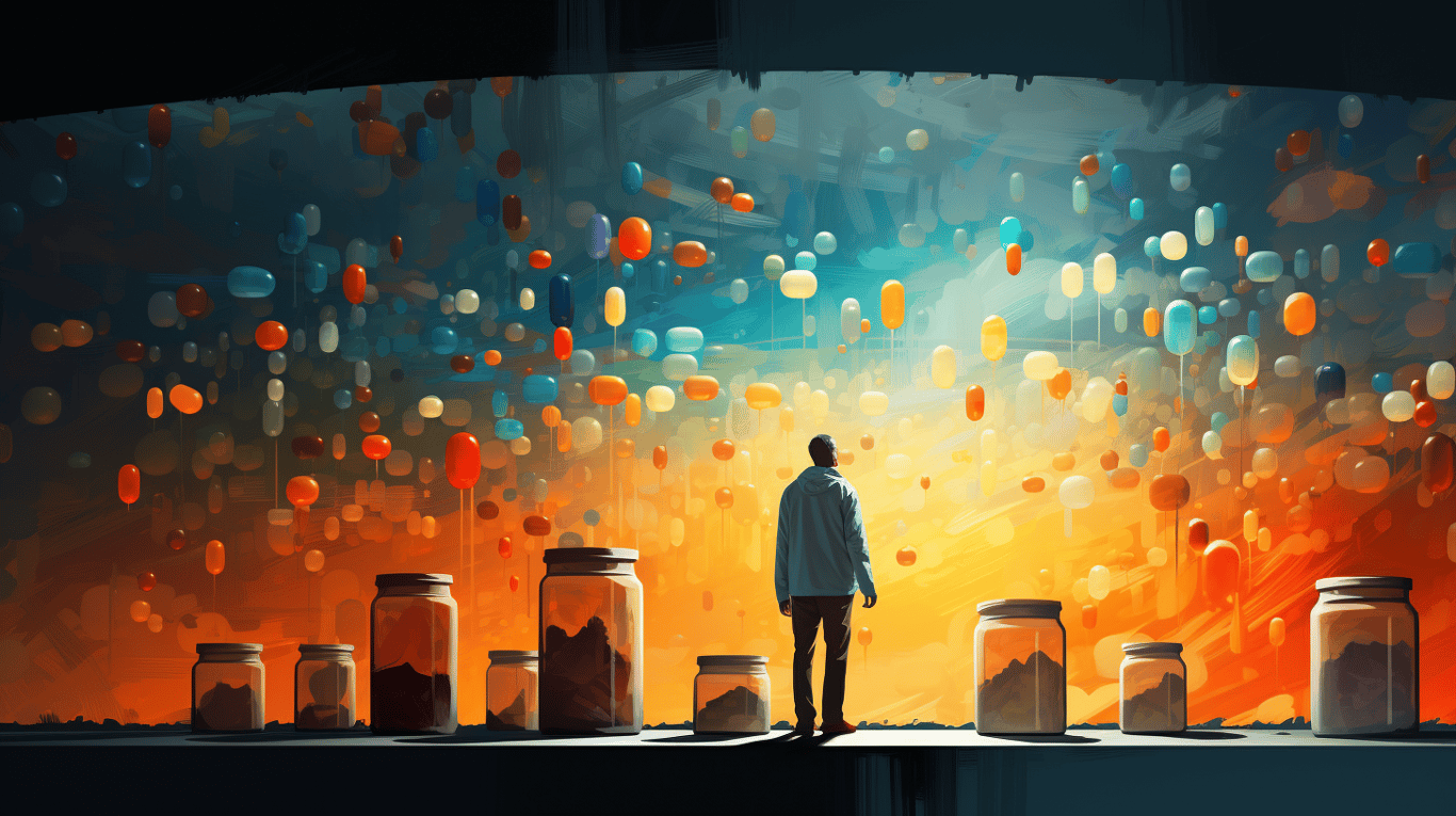 abstract image of a researcher studying a bottle of drug.