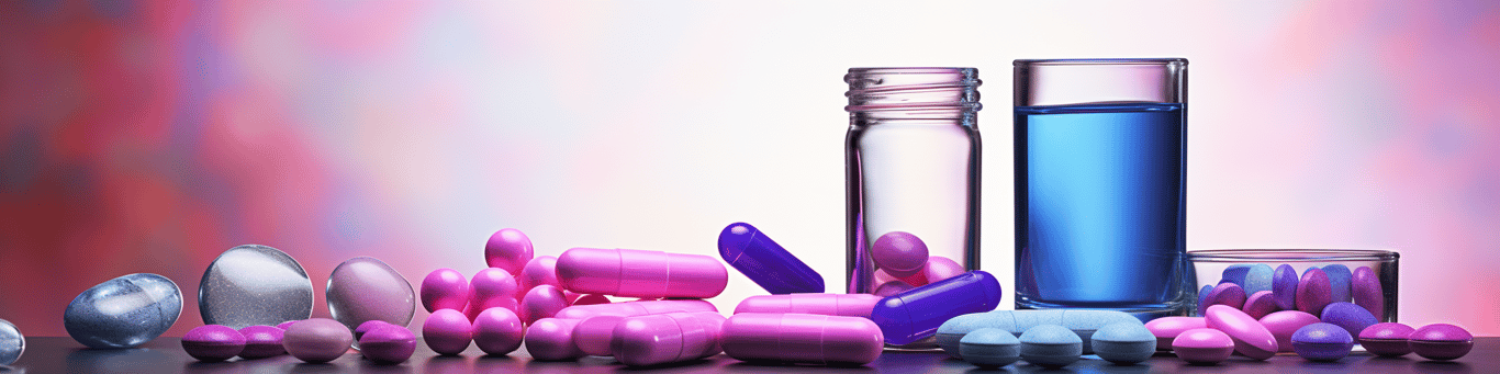 image of drug pills surrounding a glass of water symbolizing drug consumption