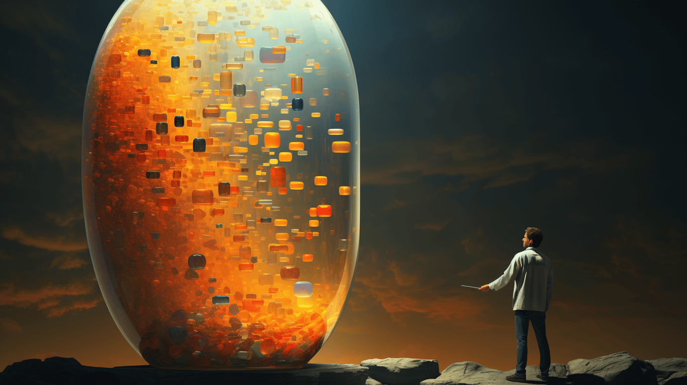 abstract image of a researcher studying a bottle of drug.