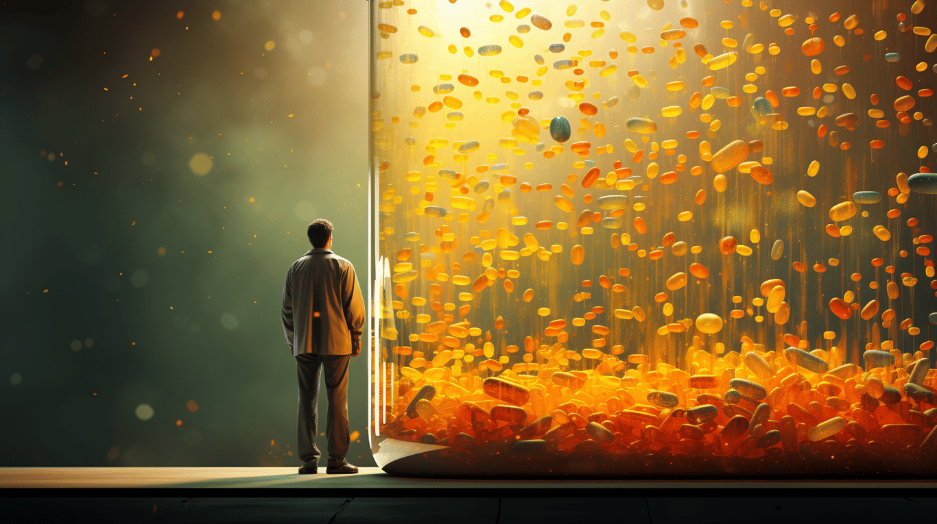 abstract image of a researcher studying a bottle of drug.