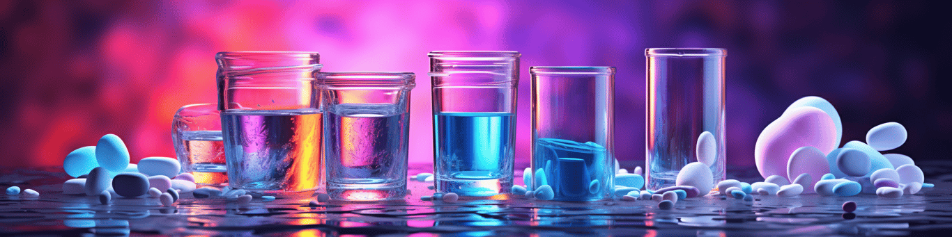 image of drug pills surrounding a glass of water symbolizing drug consumption