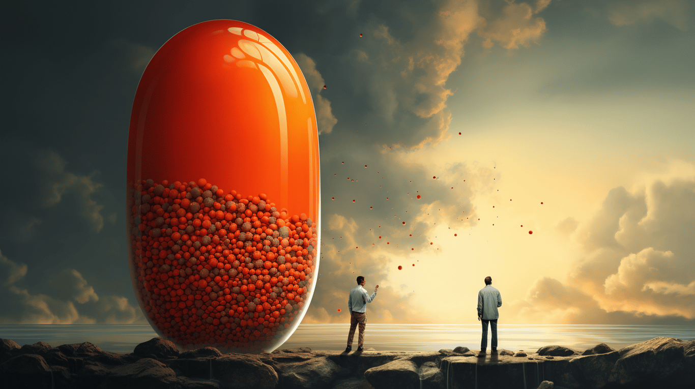 abstract image of a researcher studying a bottle of drug.