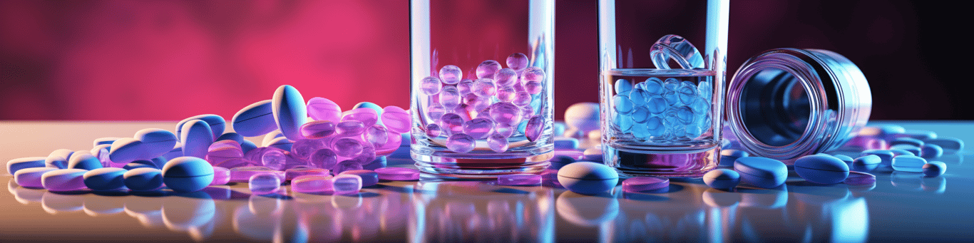 image of drug pills surrounding a glass of water symbolizing drug consumption