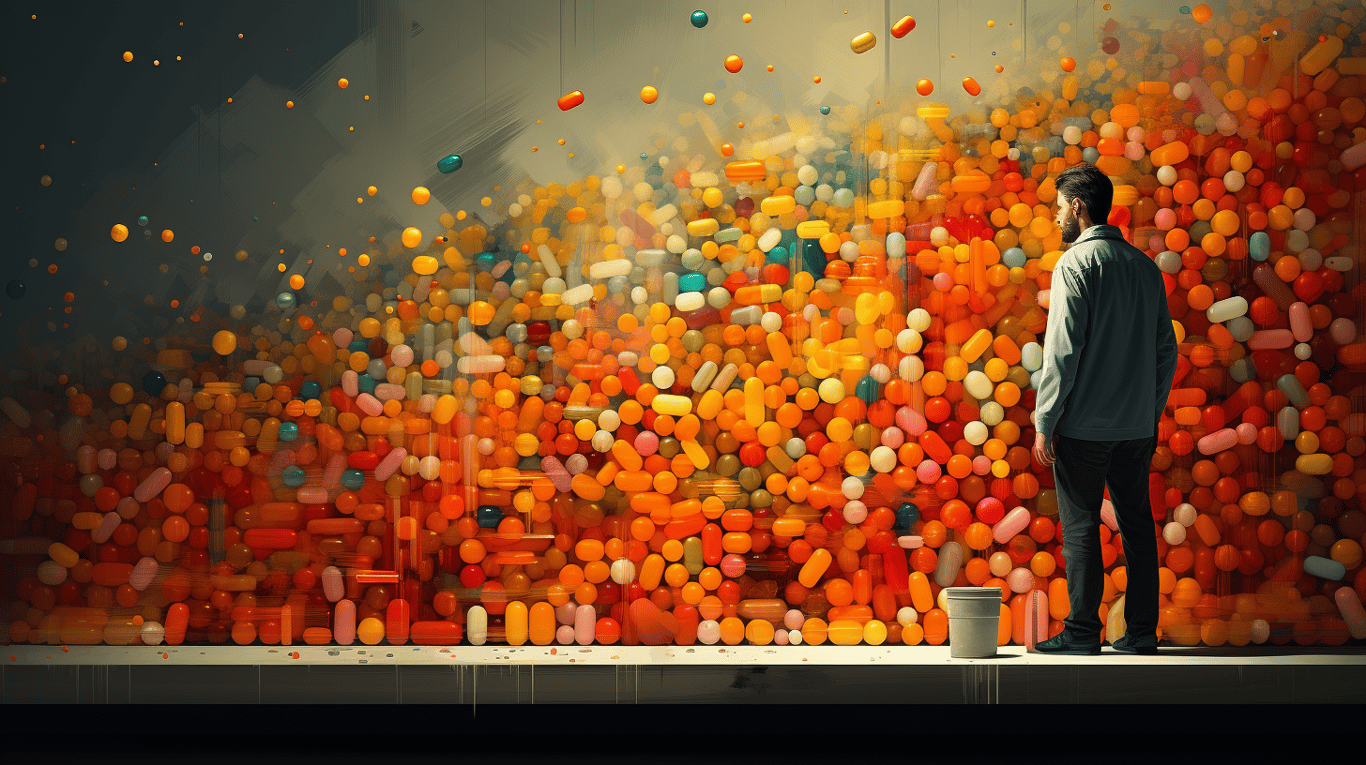 abstract image of a researcher studying a bottle of drug.