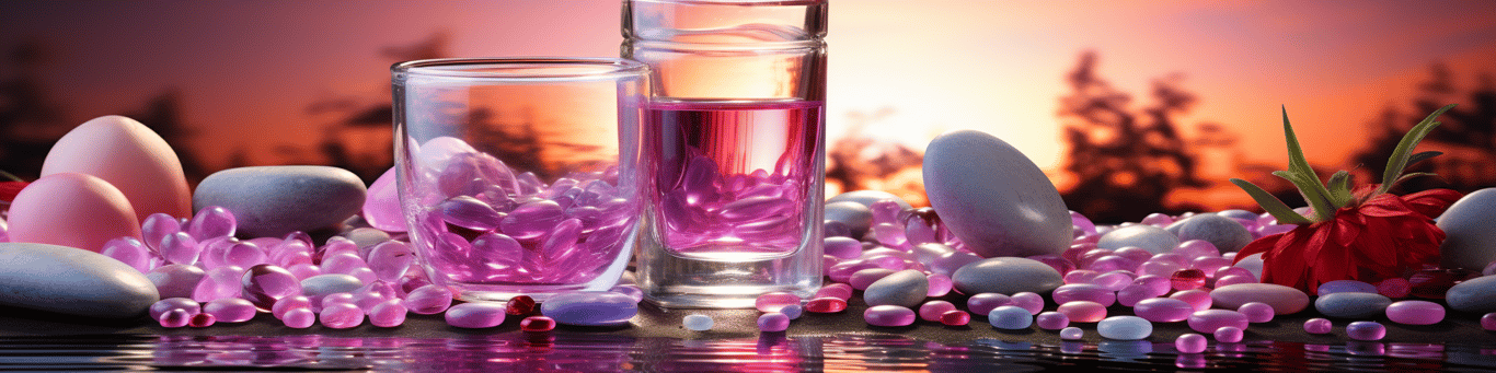 image of drug pills surrounding a glass of water symbolizing drug consumption