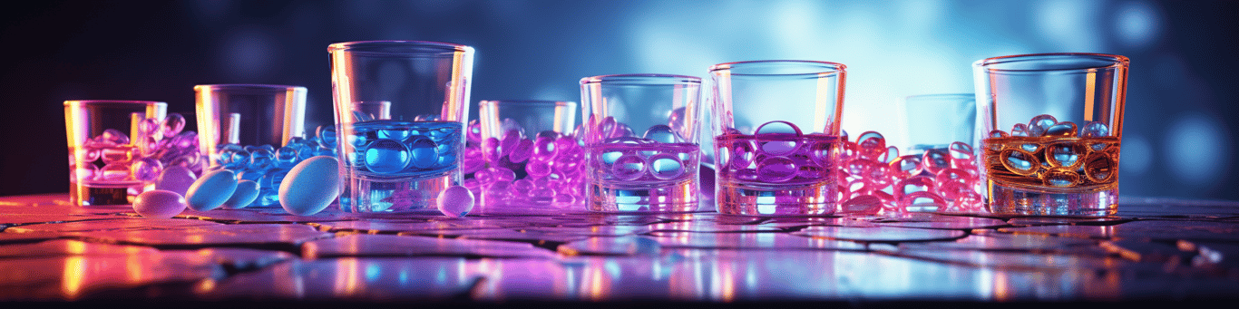 image of drug pills surrounding a glass of water symbolizing drug consumption