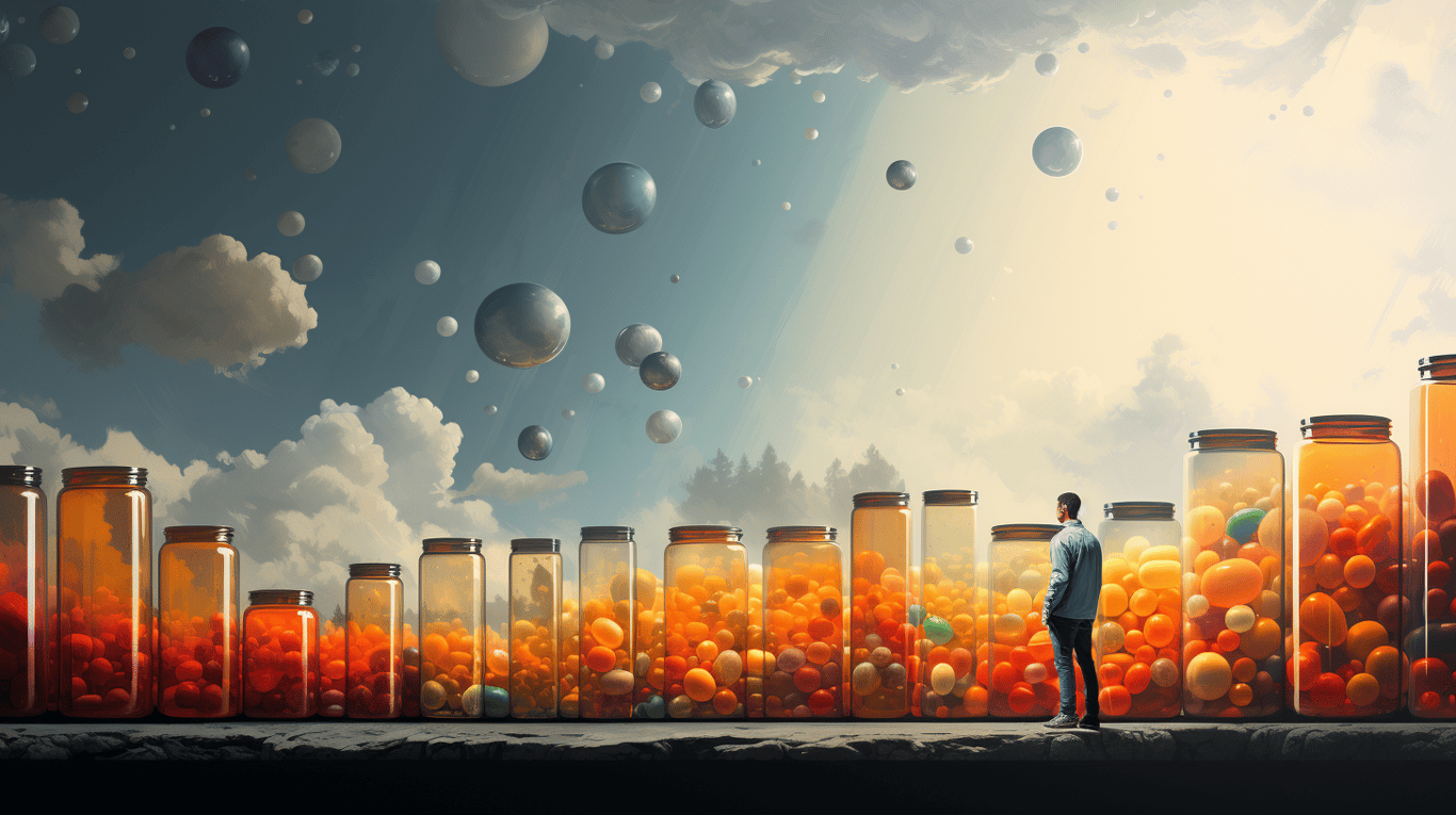 abstract image of a researcher studying a bottle of drug.