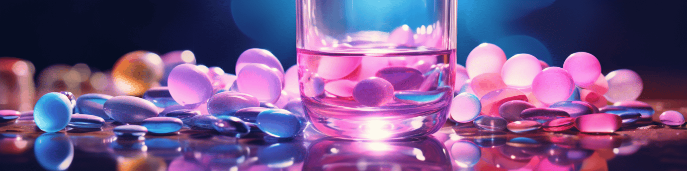 image of drug pills surrounding a glass of water symbolizing drug consumption