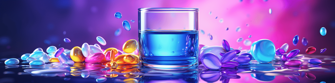 image of drug pills surrounding a glass of water symbolizing drug consumption