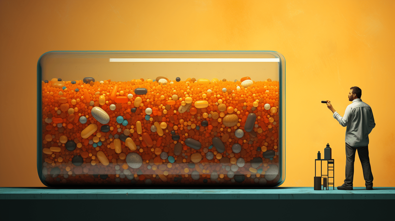 abstract image of a researcher studying a bottle of drug.