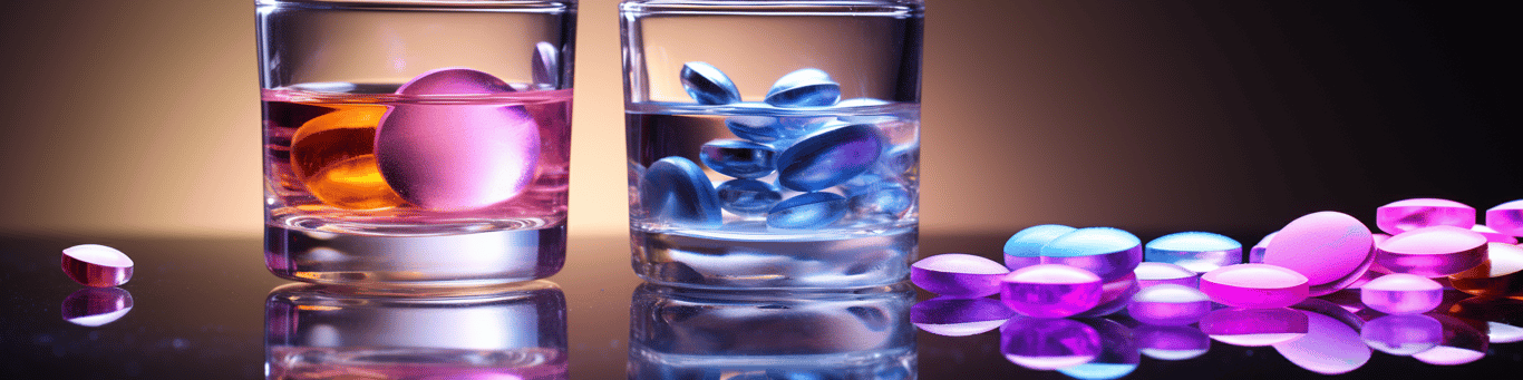 image of drug pills surrounding a glass of water symbolizing drug consumption