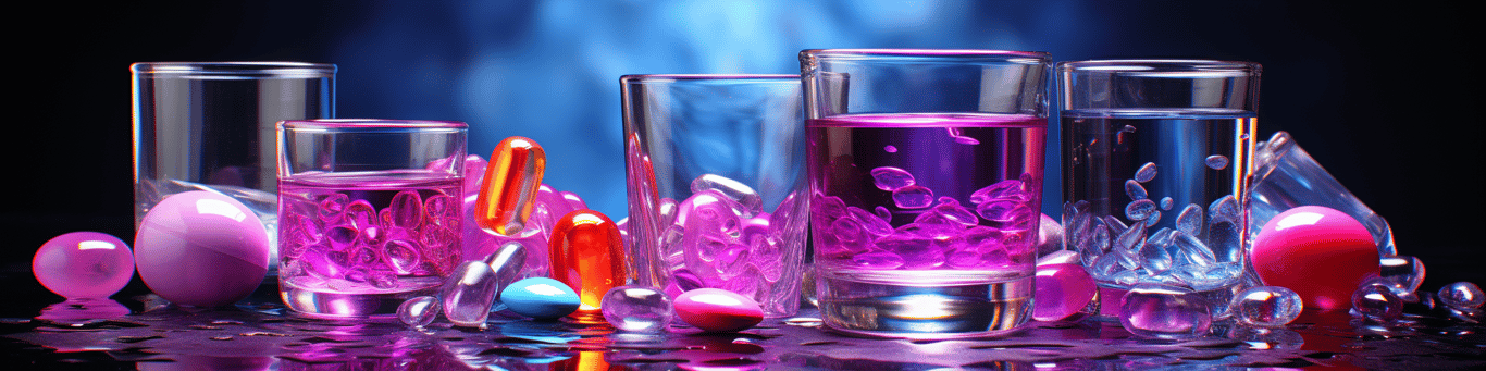 image of drug pills surrounding a glass of water symbolizing drug consumption
