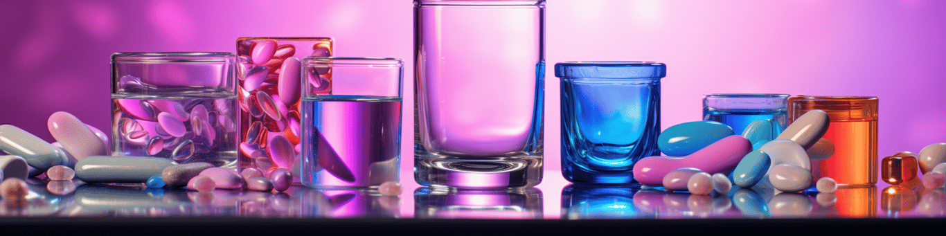 image of drug pills surrounding a glass of water symbolizing drug consumption