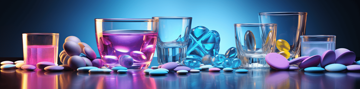 image of drug pills surrounding a glass of water symbolizing drug consumption