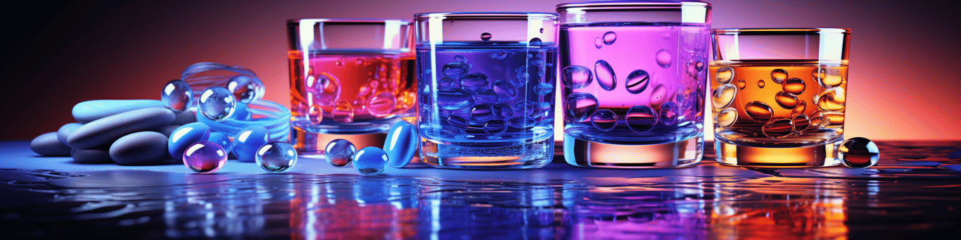 image of drug pills surrounding a glass of water symbolizing drug consumption