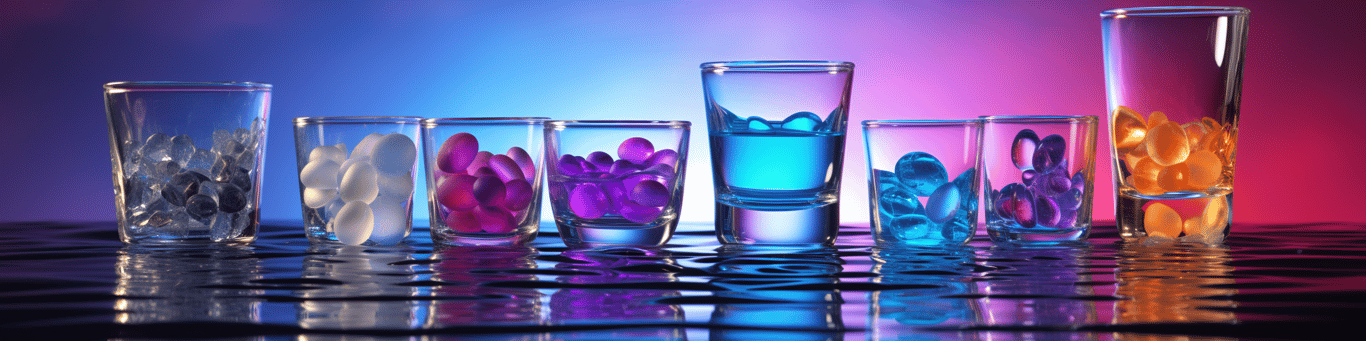 image of drug pills surrounding a glass of water symbolizing drug consumption