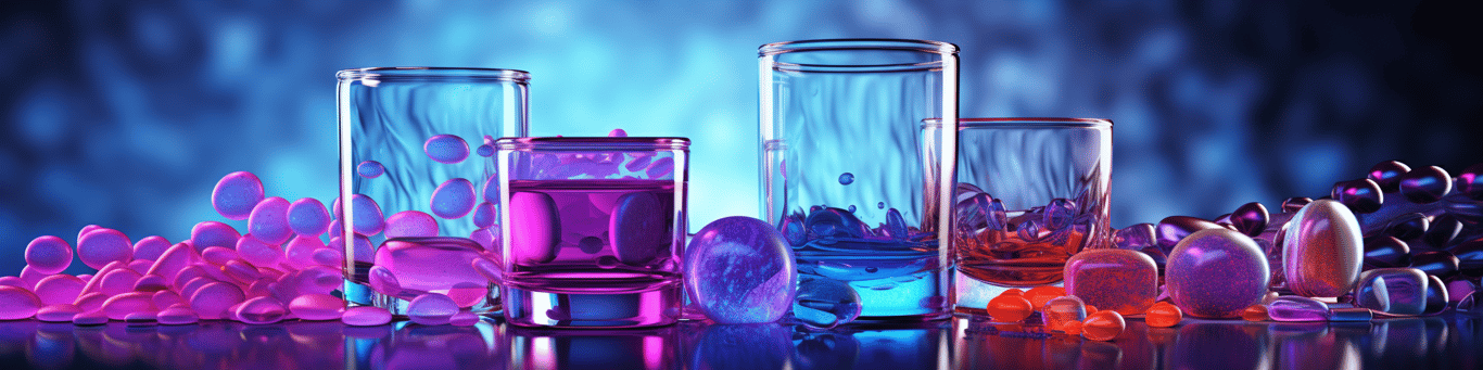 image of drug pills surrounding a glass of water symbolizing drug consumption