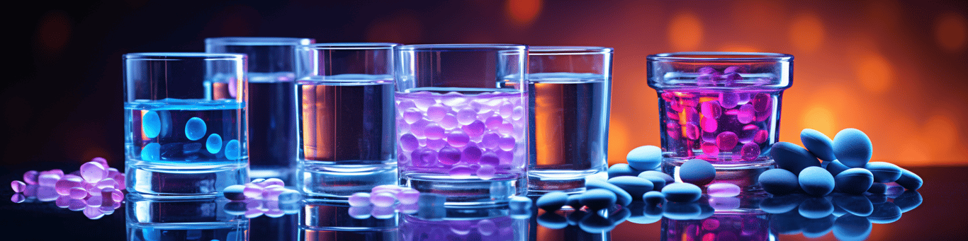 image of drug pills surrounding a glass of water symbolizing drug consumption