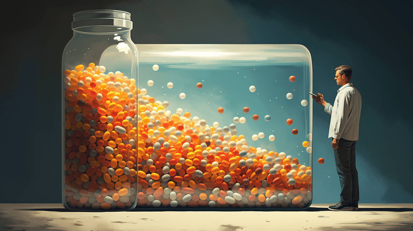 abstract image of a researcher studying a bottle of drug.