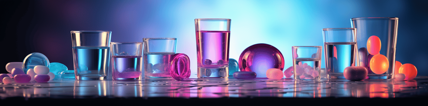 image of drug pills surrounding a glass of water symbolizing drug consumption