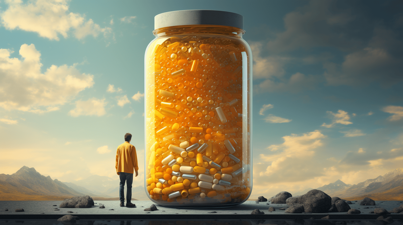 abstract image of a researcher studying a bottle of drug.