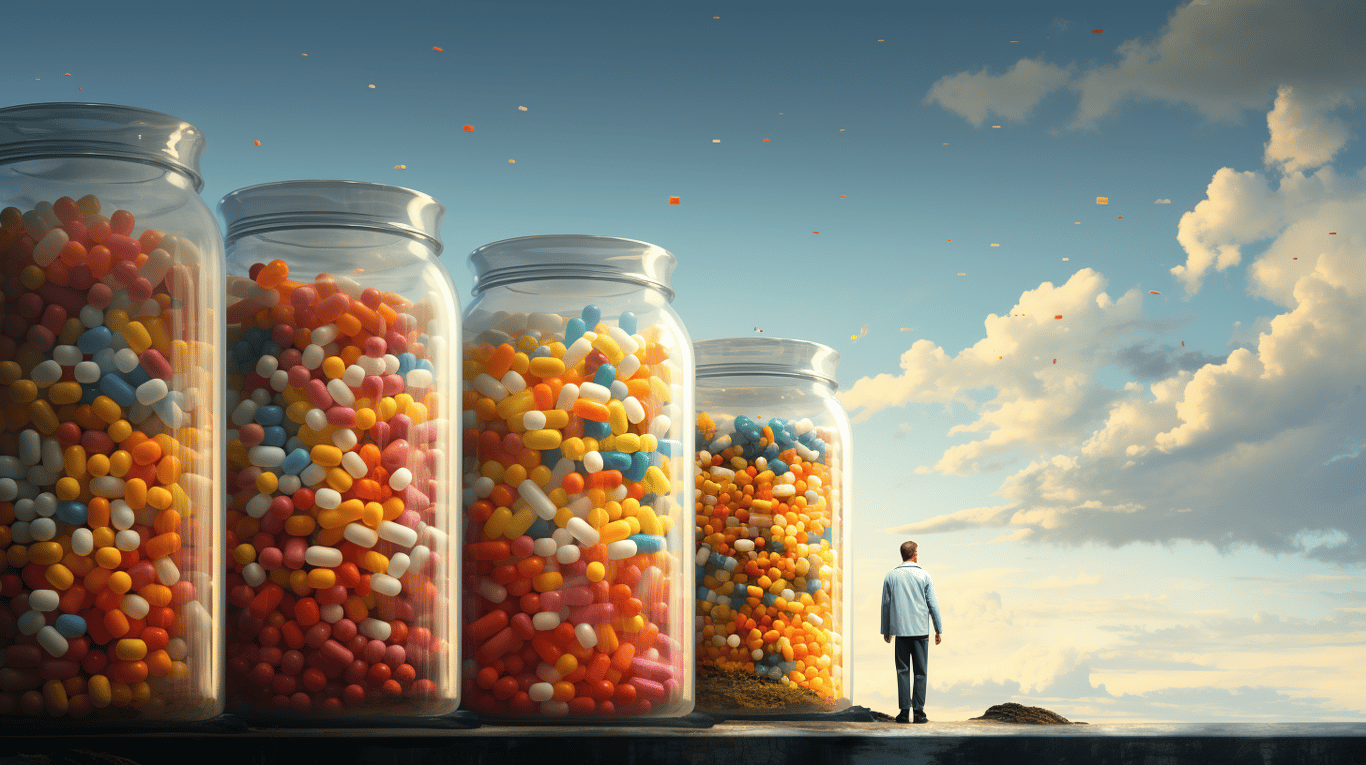 abstract image of a researcher studying a bottle of drug.