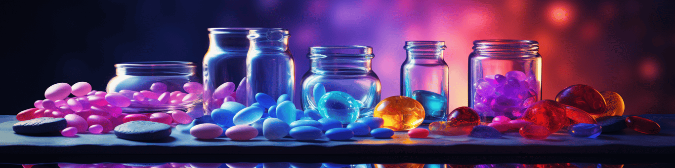 image of drug pills surrounding a glass of water symbolizing drug consumption