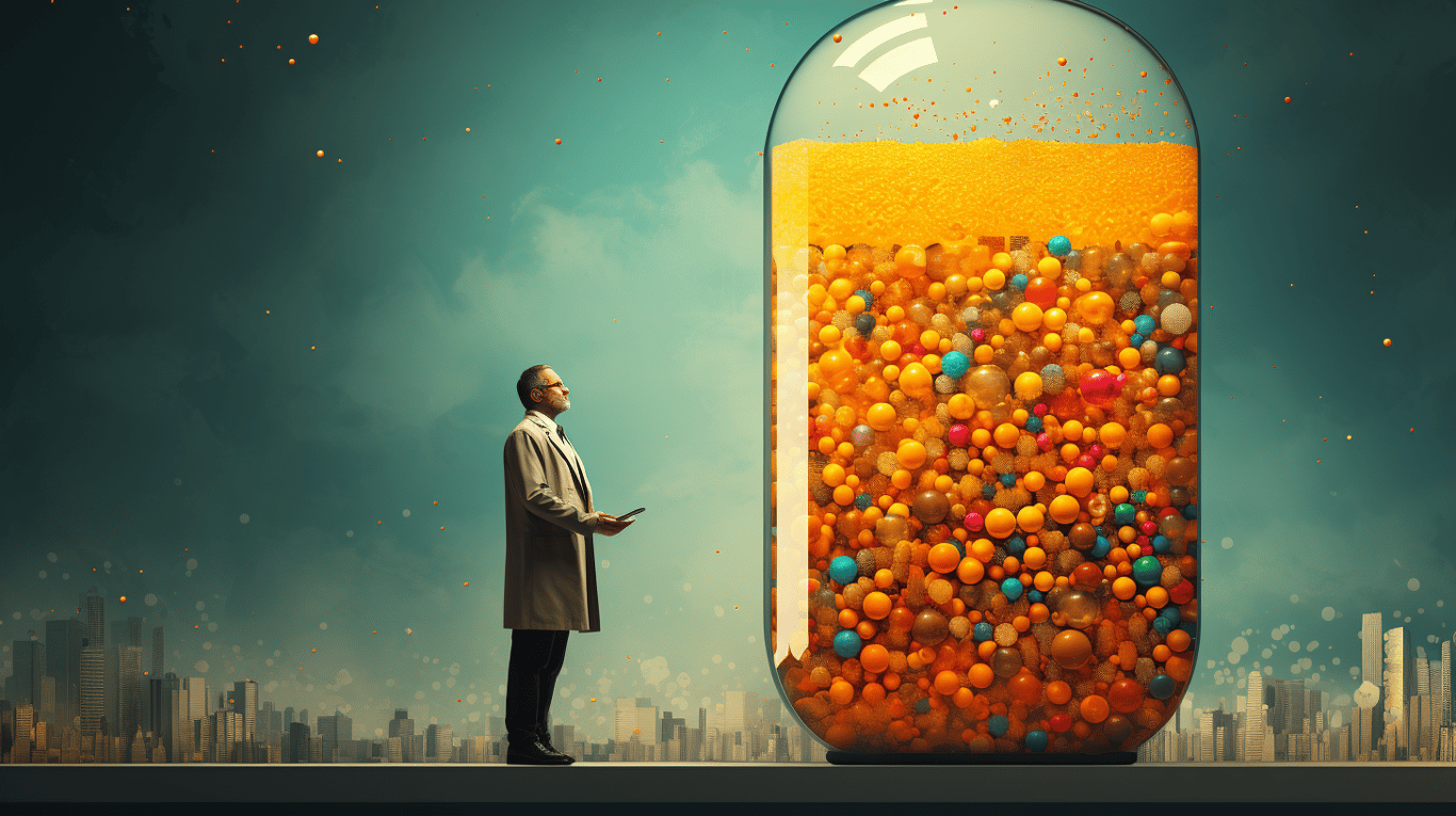 abstract image of a researcher studying a bottle of drug.