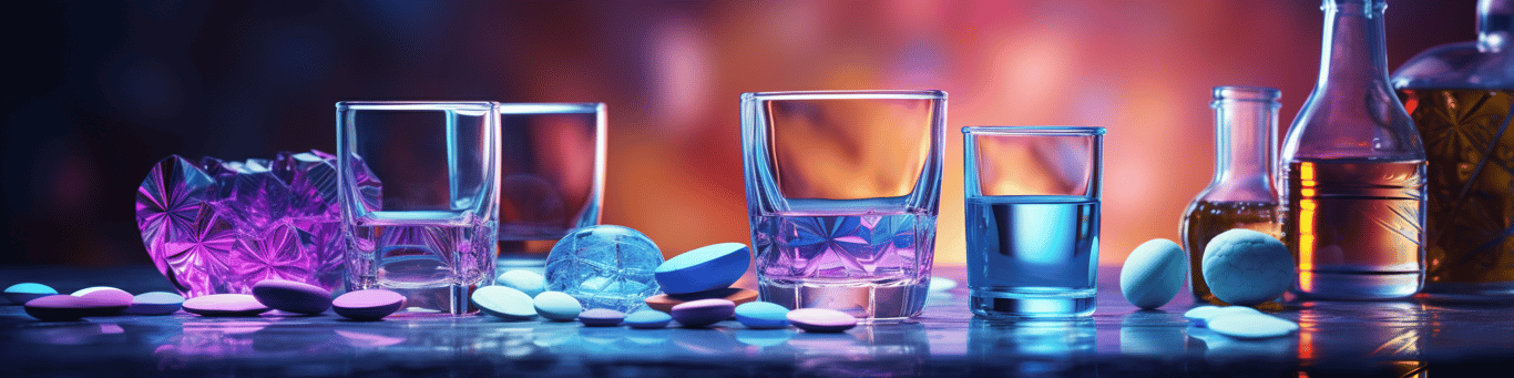 image of drug pills surrounding a glass of water symbolizing drug consumption