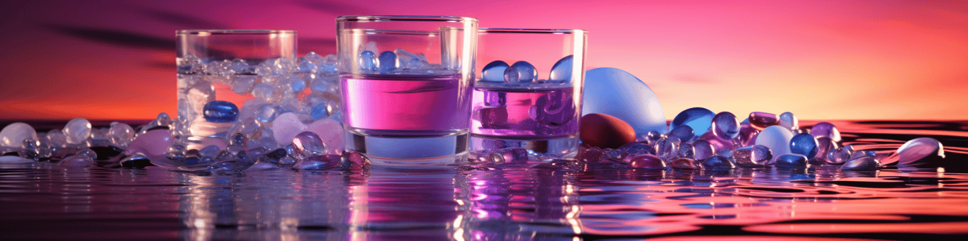 image of drug pills surrounding a glass of water symbolizing drug consumption
