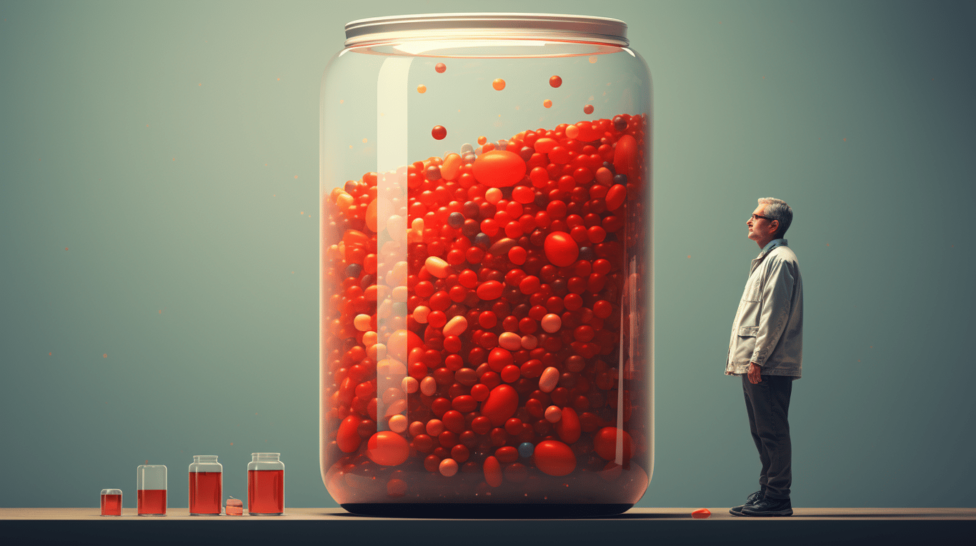 abstract image of a researcher studying a bottle of drug.