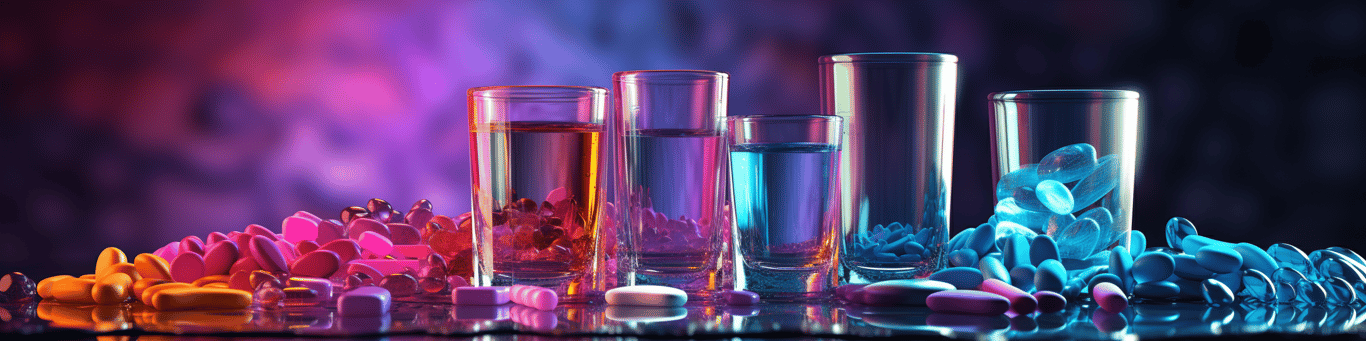 image of drug pills surrounding a glass of water symbolizing drug consumption