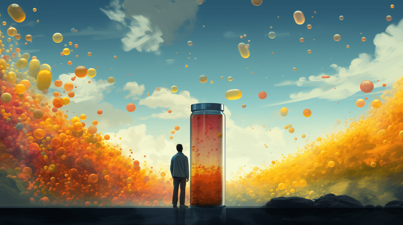 abstract image of a researcher studying a bottle of drug.