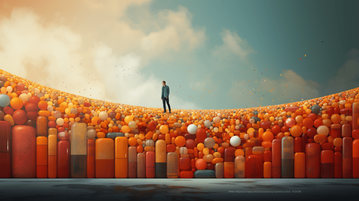 abstract image of a researcher studying a bottle of drug.