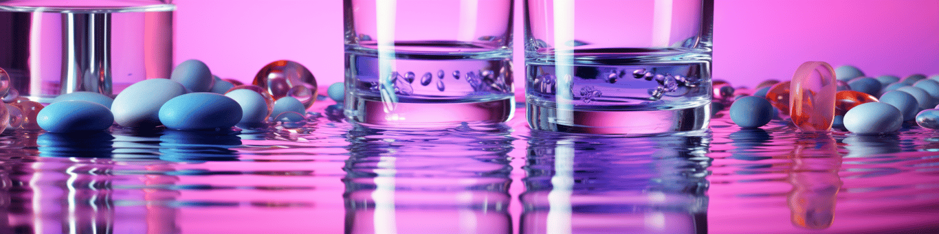 image of drug pills surrounding a glass of water symbolizing drug consumption