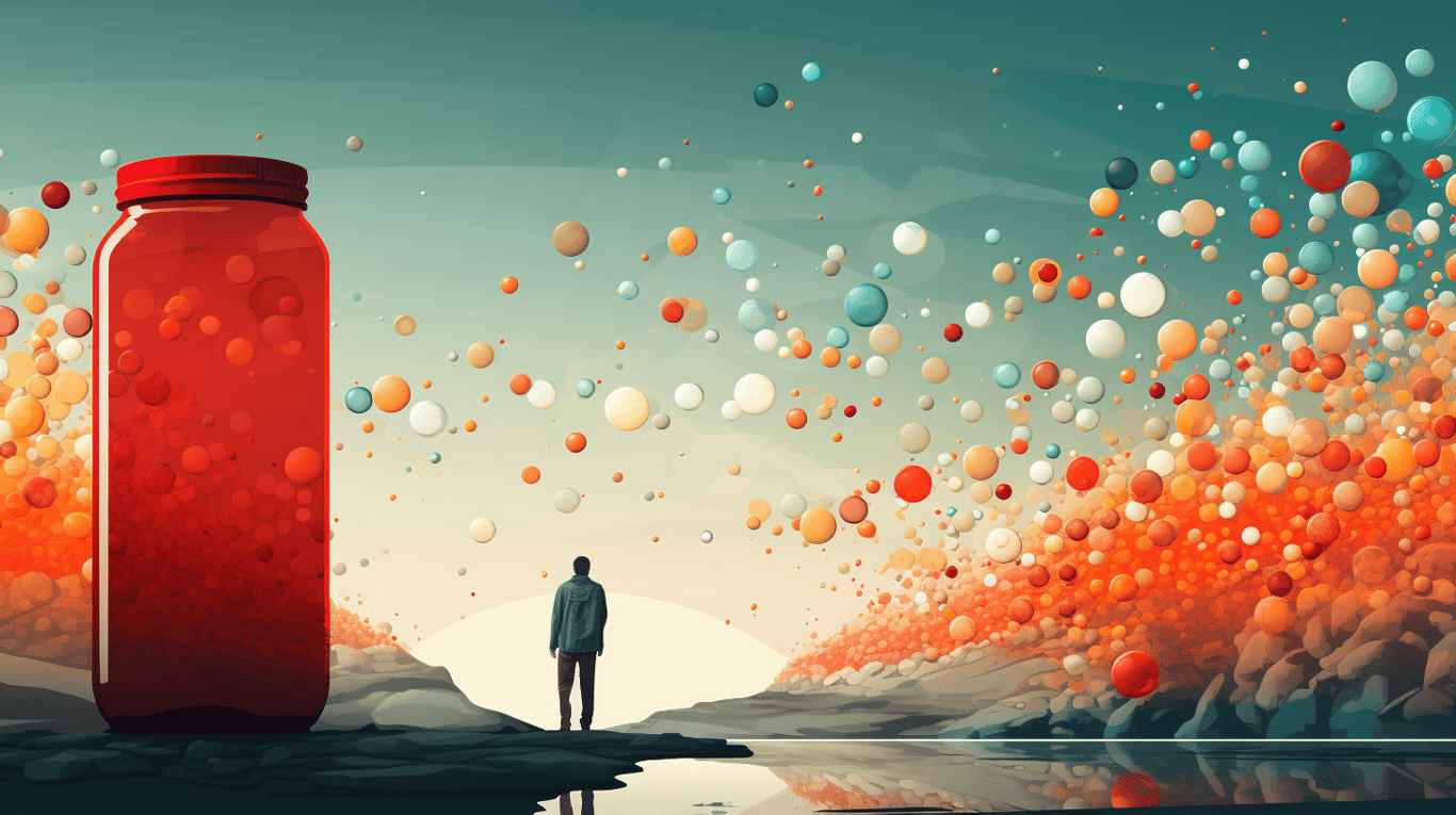 abstract image of a researcher studying a bottle of drug.