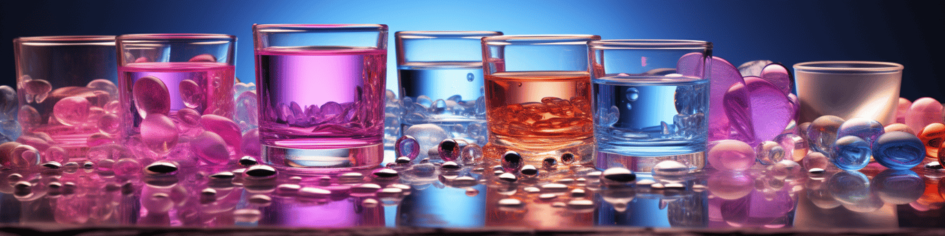 image of drug pills surrounding a glass of water symbolizing drug consumption