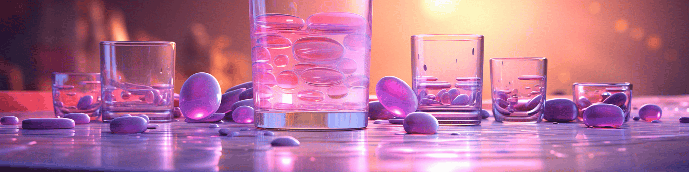 image of drug pills surrounding a glass of water symbolizing drug consumption