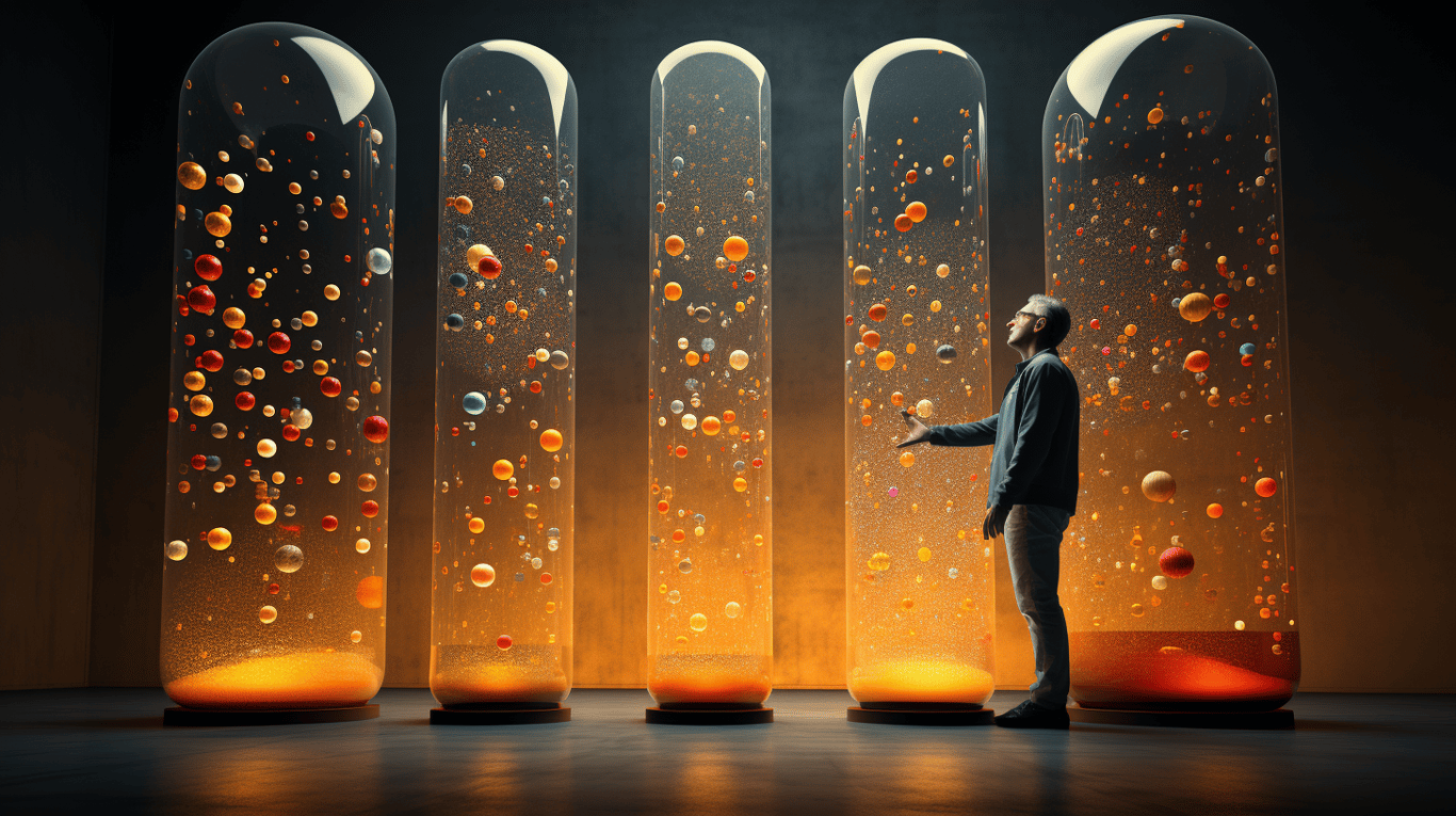 abstract image of a researcher studying a bottle of drug.