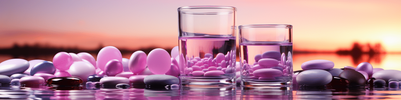 image of drug pills surrounding a glass of water symbolizing drug consumption