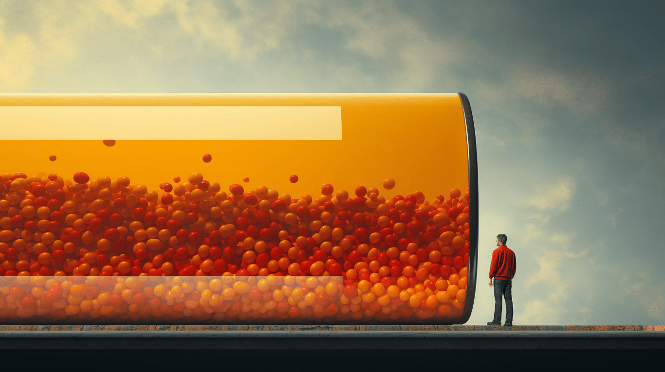 abstract image of a researcher studying a bottle of drug.