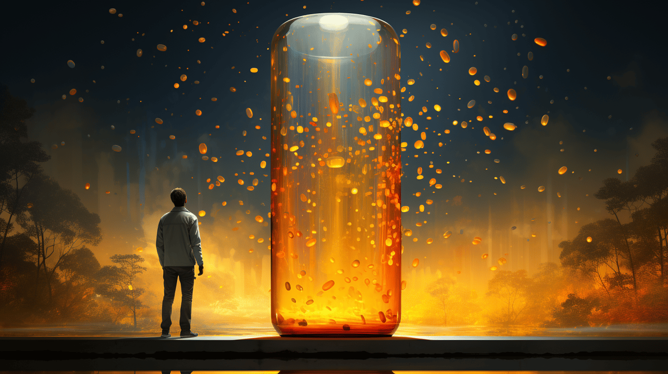 abstract image of a researcher studying a bottle of drug.