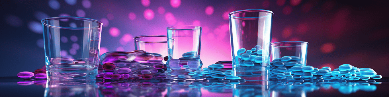 image of drug pills surrounding a glass of water symbolizing drug consumption
