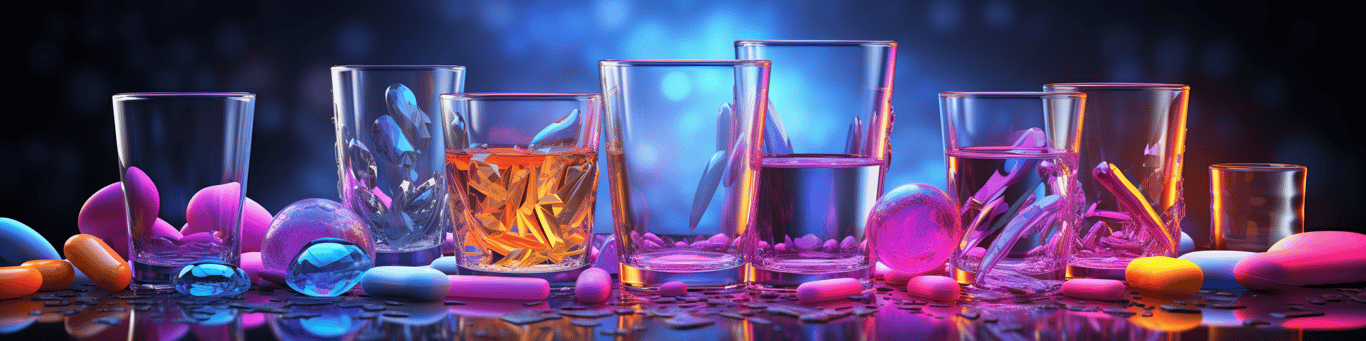 image of drug pills surrounding a glass of water symbolizing drug consumption