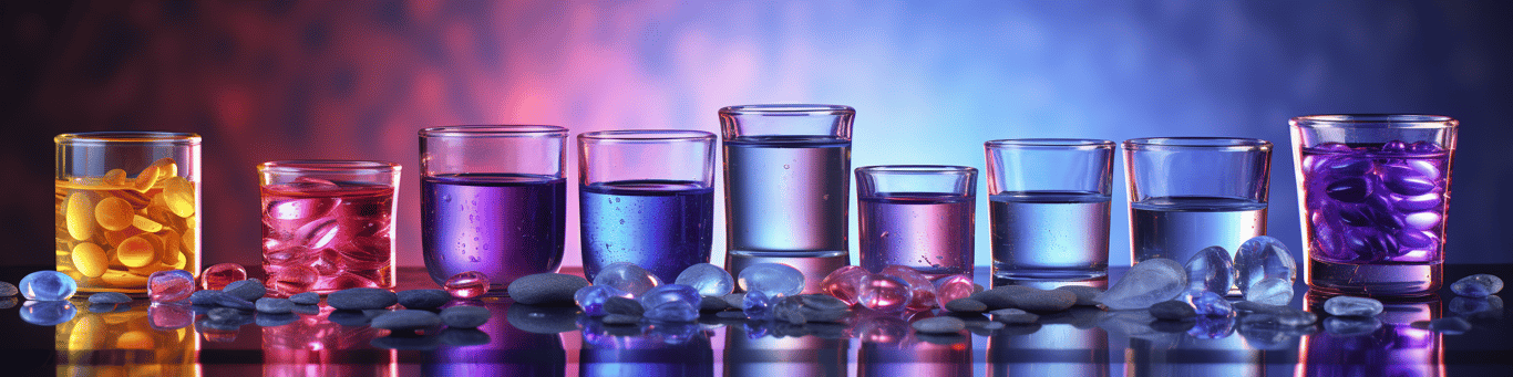 image of drug pills surrounding a glass of water symbolizing drug consumption