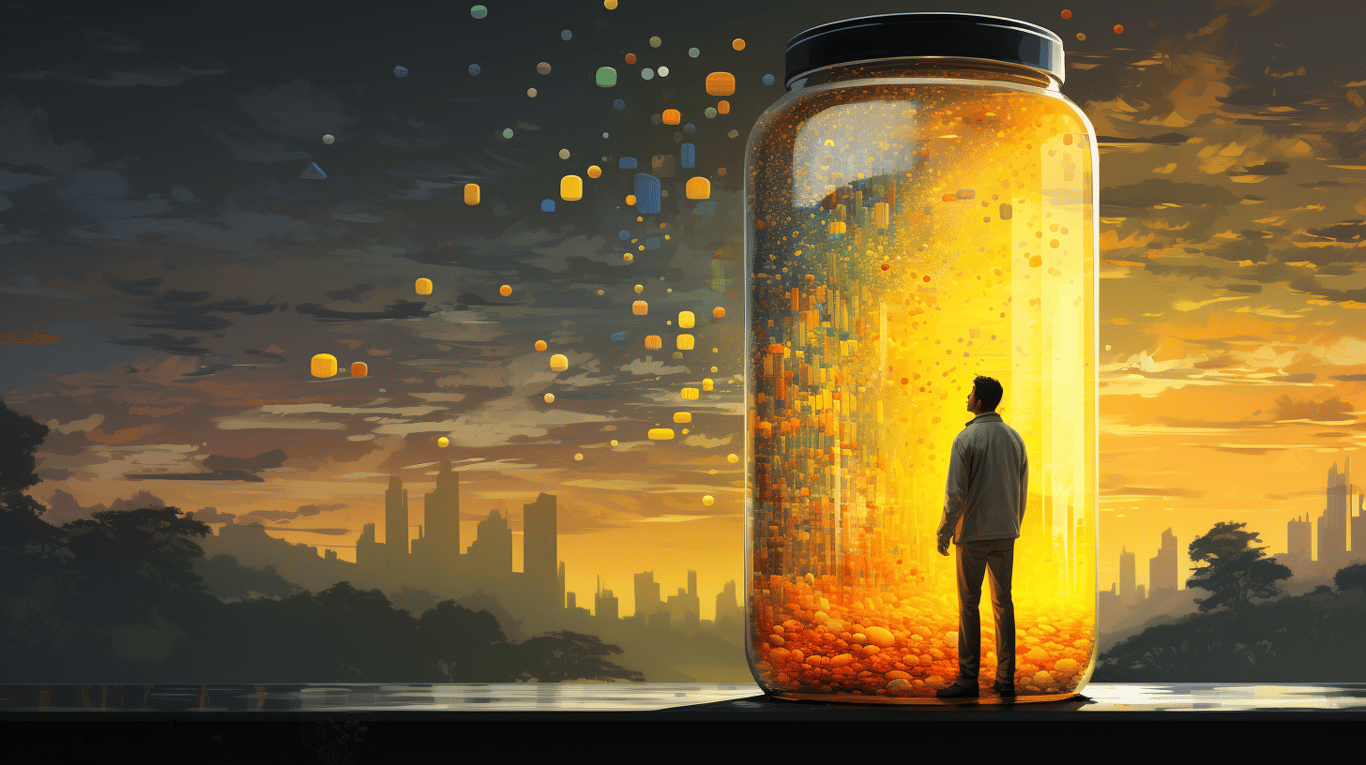 abstract image of a researcher studying a bottle of drug.