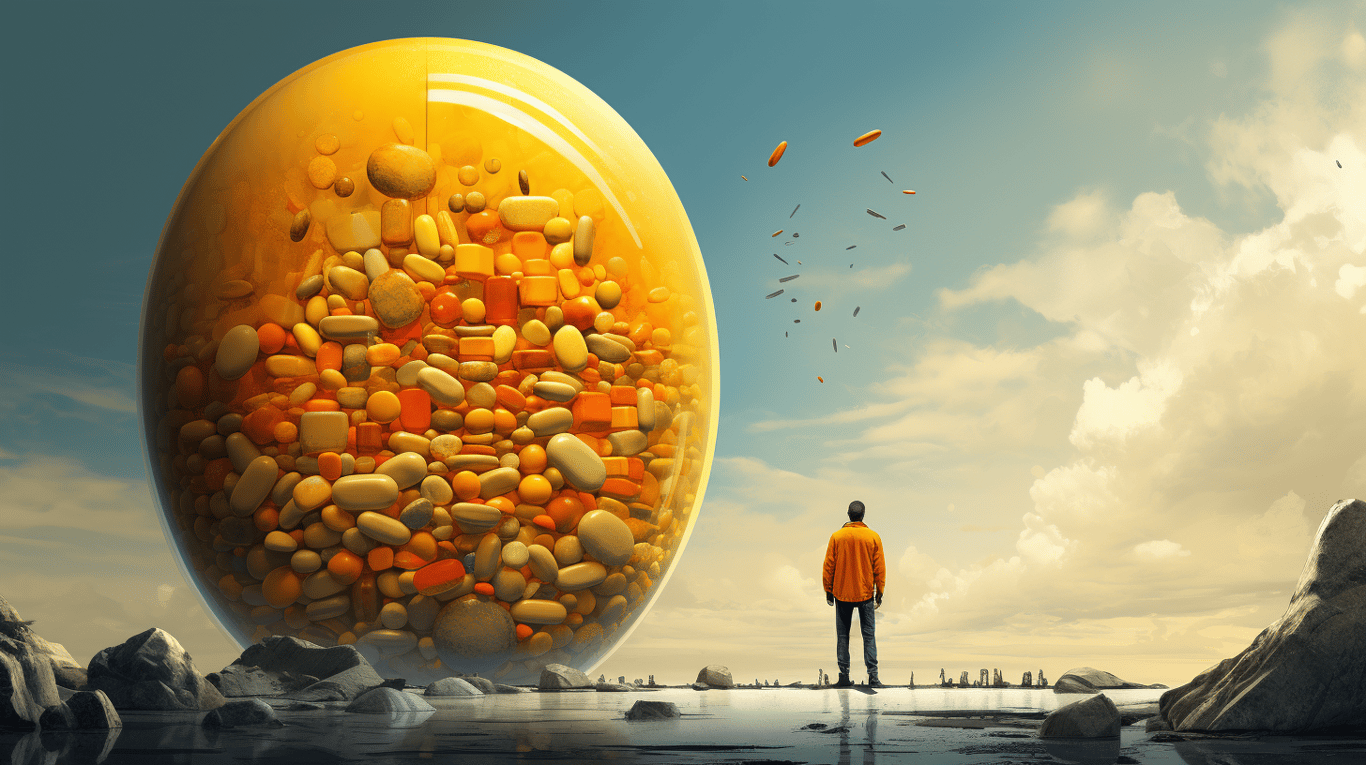 abstract image of a researcher studying a bottle of drug.