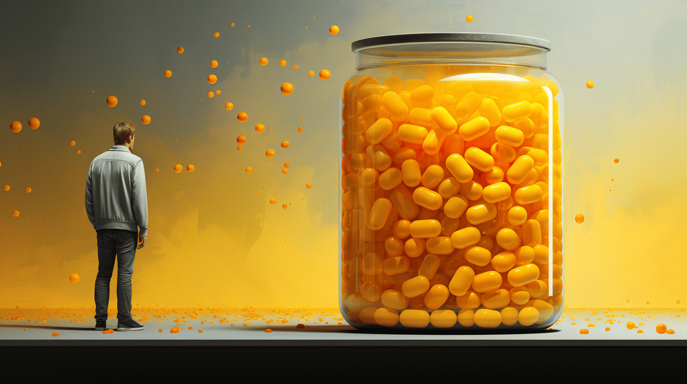 abstract image of a researcher studying a bottle of drug.